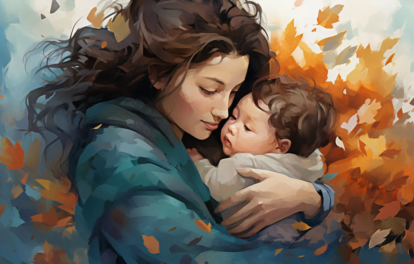 Photo wallpaper leaves, girl, love, children, smile, boy, two, mom