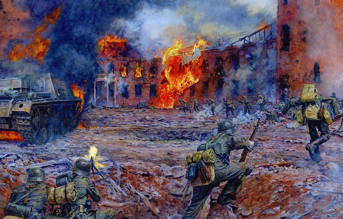 Photo wallpaper Smoke, Fire, War, House, Fire, Soldiers, Tanks, The Germans