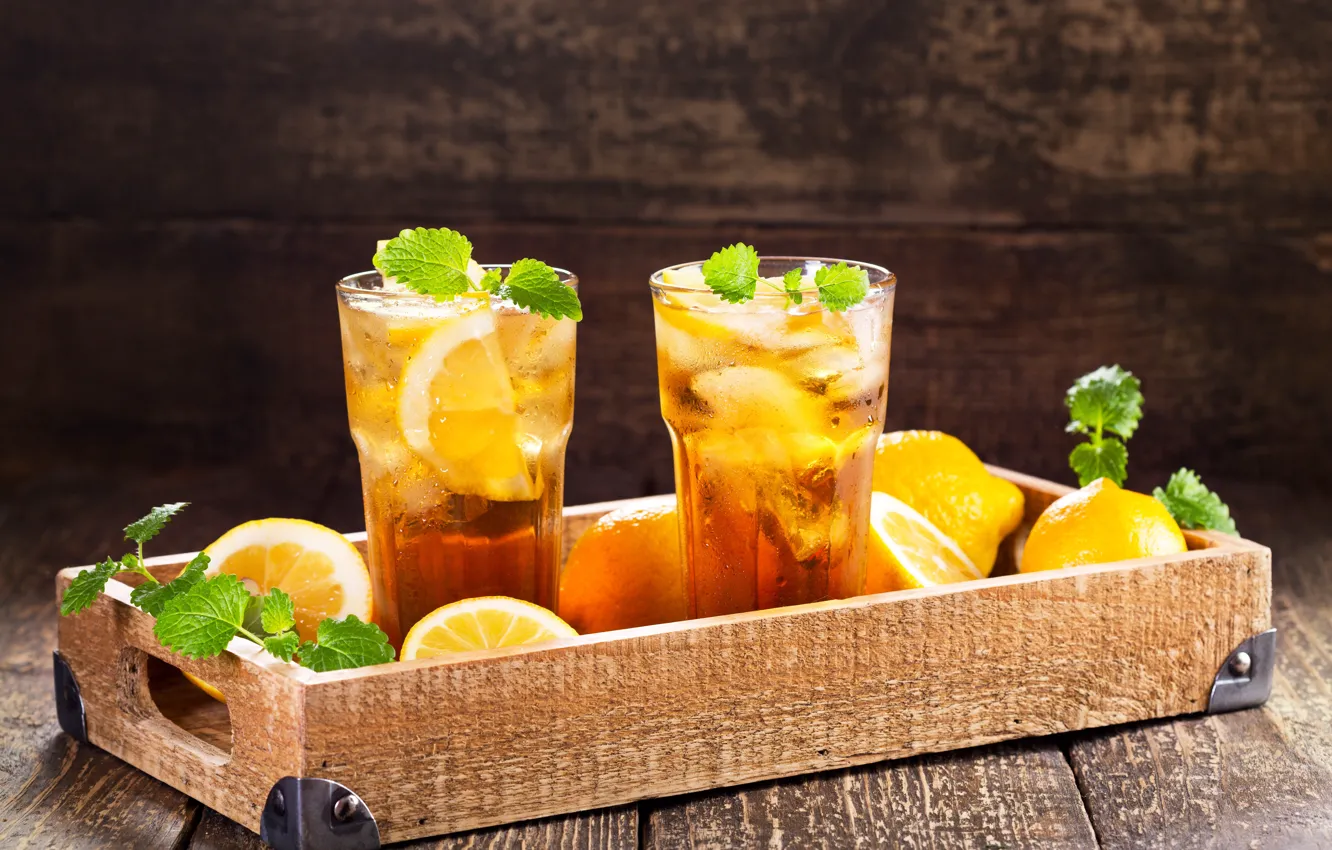 Photo wallpaper ice, glass, lemon, tea, food, drink, mint, tray