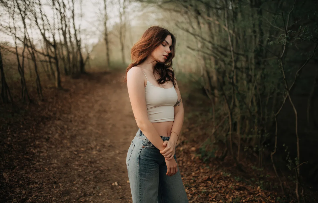 Photo wallpaper girl, beautiful, pretty, jeans, long-haired, tank top