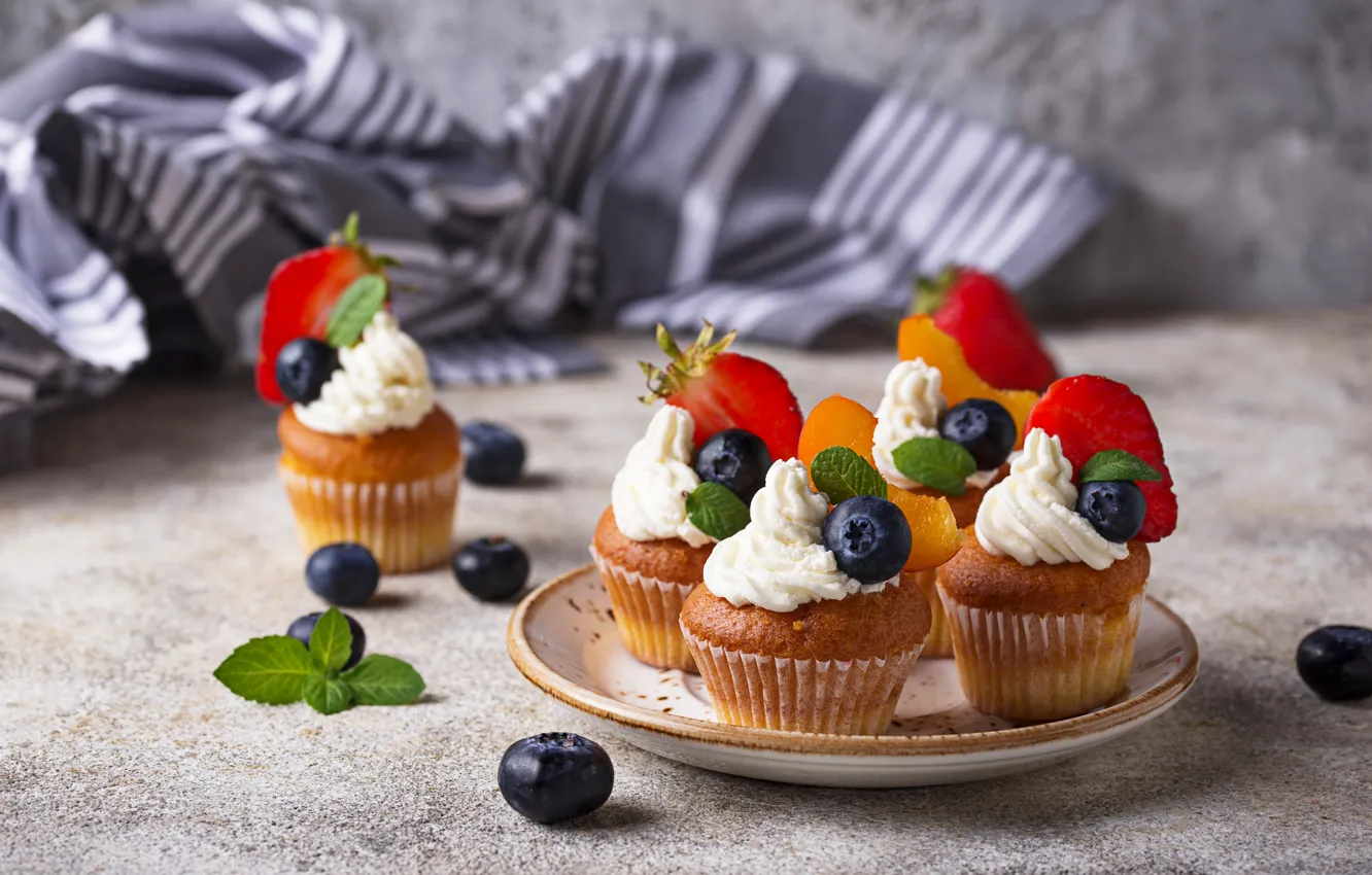 Photo wallpaper berries, blueberries, strawberry, cream, dessert, cupcakes, Yuliya Furman