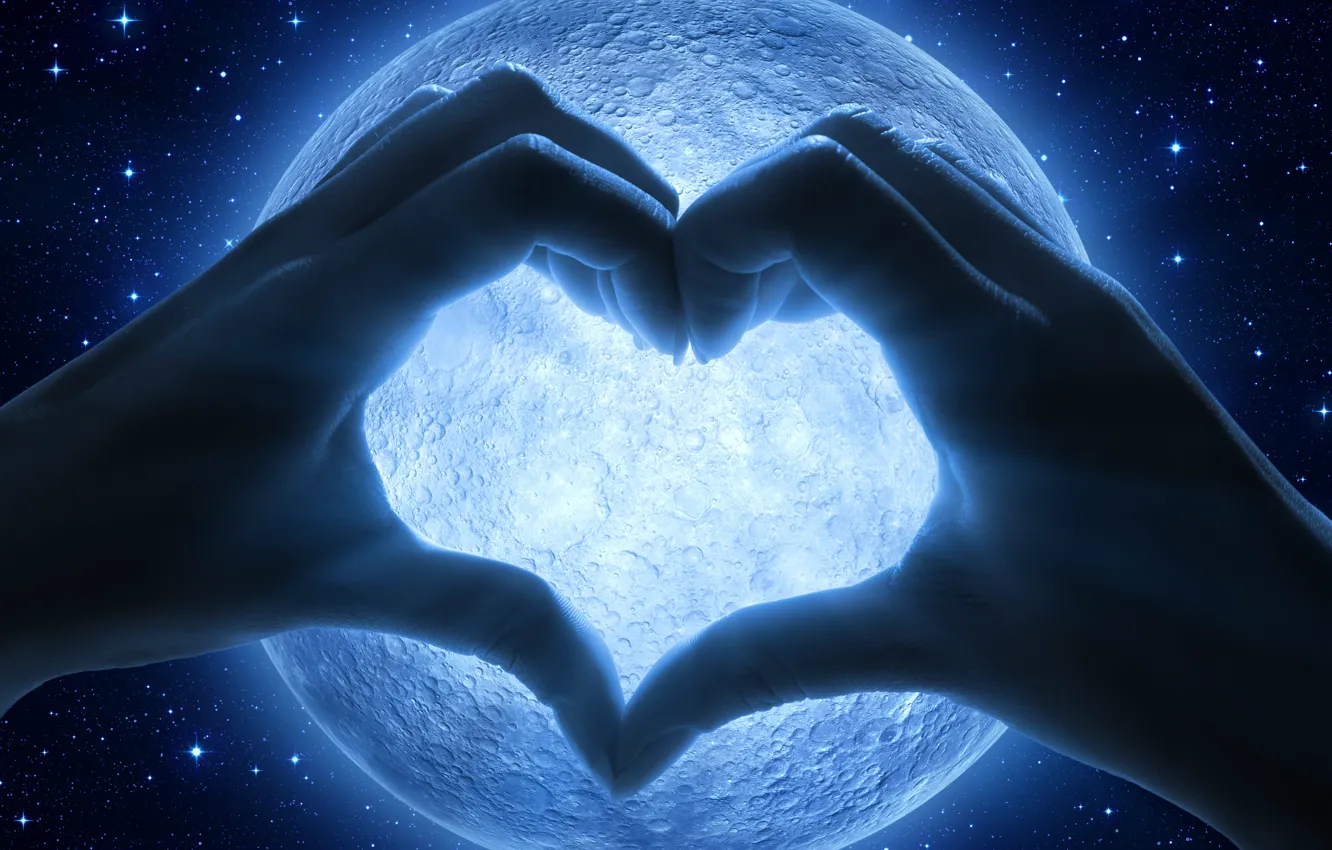 Photo wallpaper space, the moon, heart, hands, fingers, palm