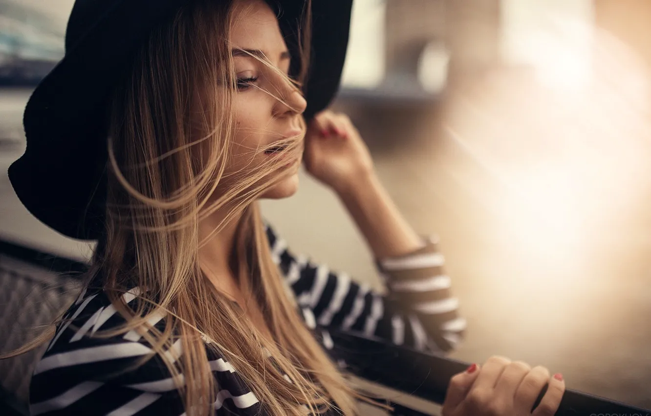 Photo wallpaper girl, light, hat, hairstyle, railings, beauty, bokeh, Mary Jane