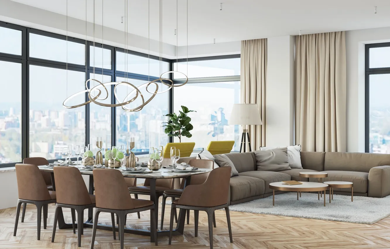 Photo wallpaper design, style, interior, megapolis, living room, dining room