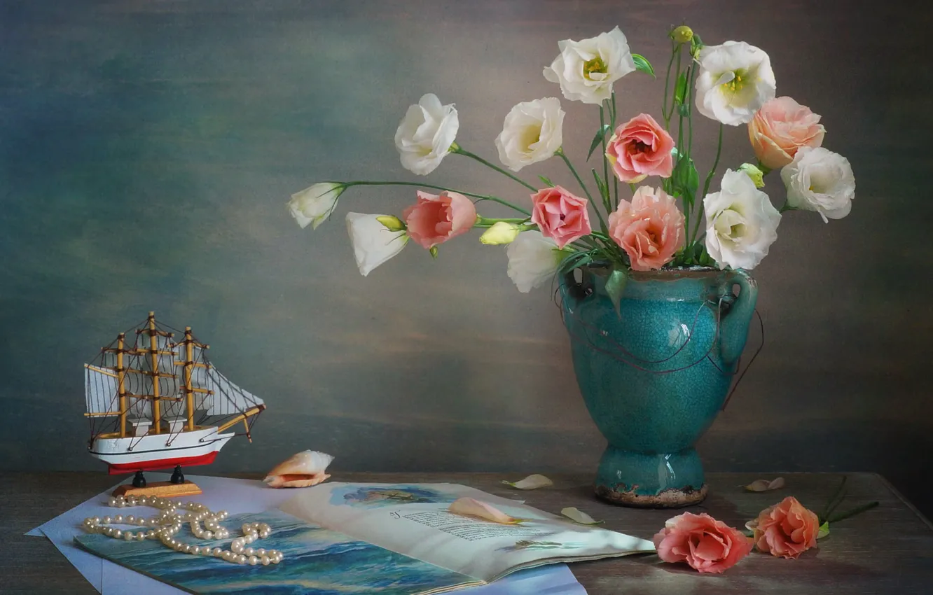 Photo wallpaper flowers, table, wall, blue, model, toy, ship, sailboat