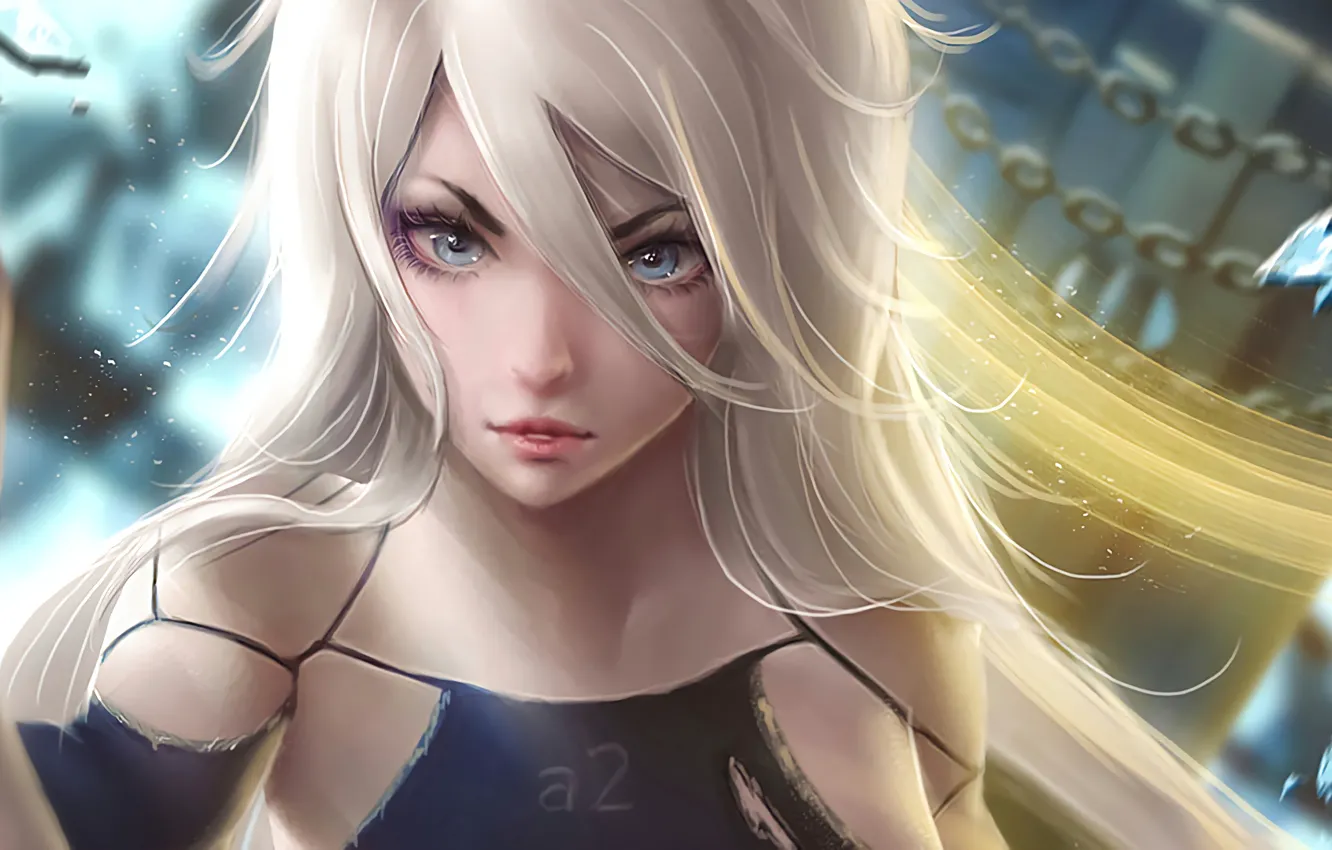 Photo wallpaper girl, fantasy, game, robot, blue eyes, nier, face, blonde