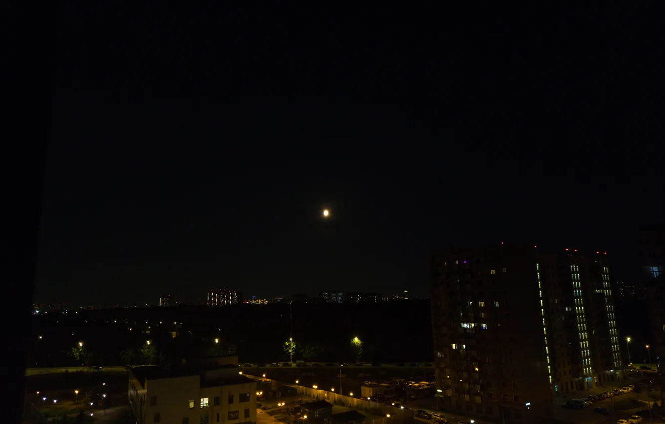Photo wallpaper summer, light, night, the city, the moon, Windows, building, home