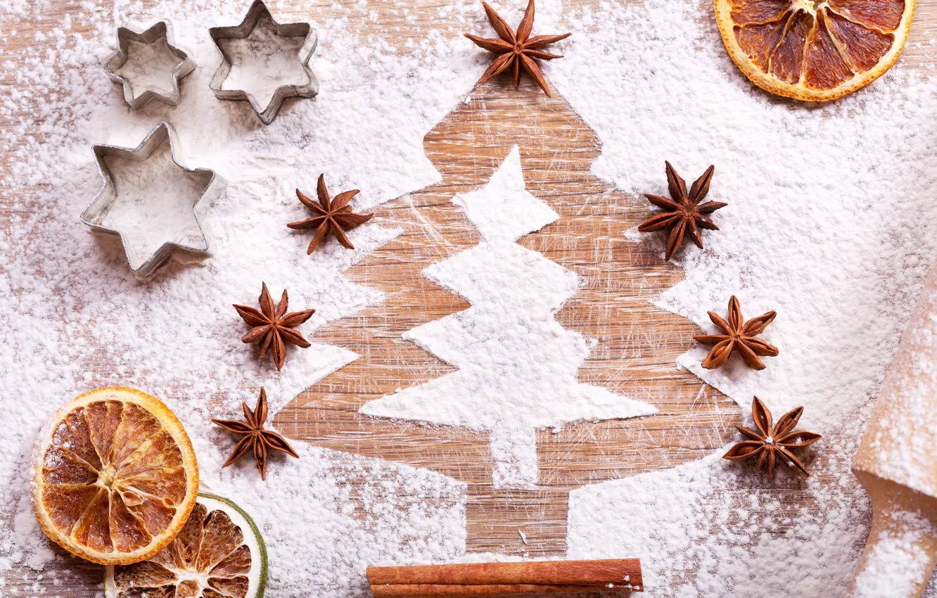 Photo wallpaper New Year, Tree, Orange, Food, Cinnamon, Powdered Sugar