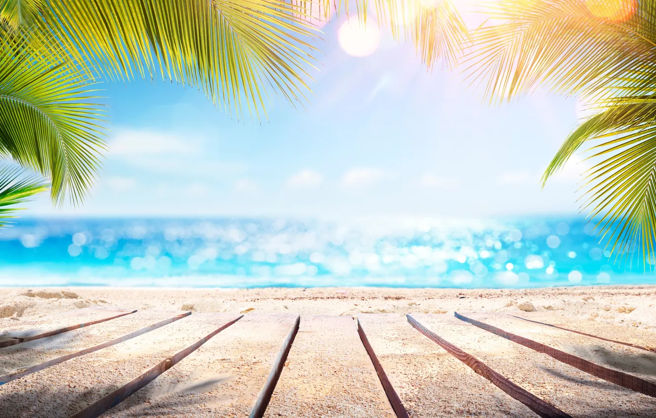 Photo wallpaper sand, sea, wave, beach, summer, the sky, palm trees, shore