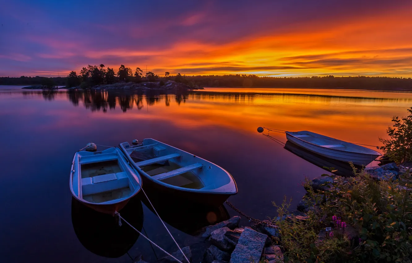 Photo wallpaper forest, the sky, sunset, river, stones, shore, boats, the evening