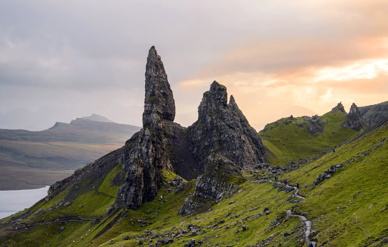 Photo wallpaper grass, rocks, UK, haze, summer, sunrise, Summer sunrise, Peak Storr Island