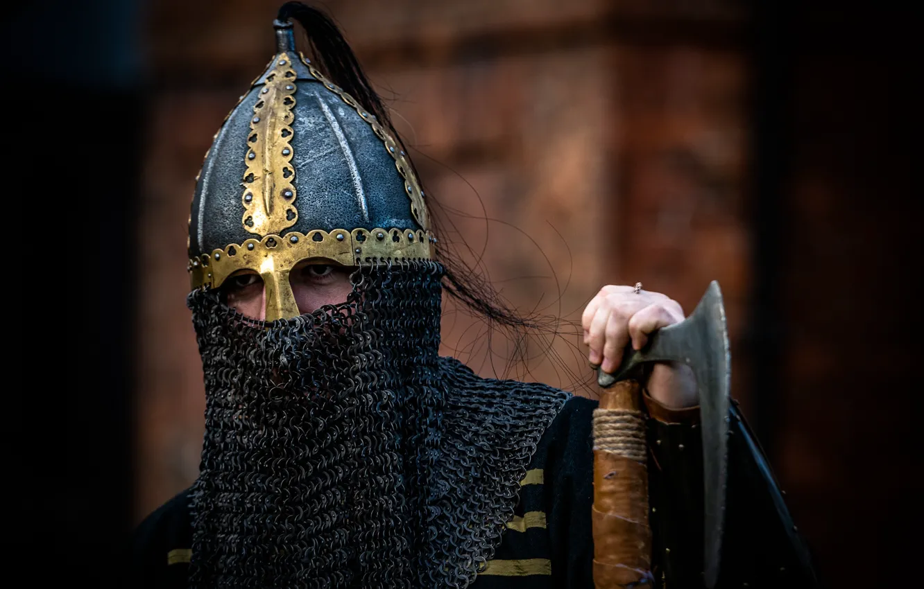 Photo wallpaper warrior, helmet, axe, mail