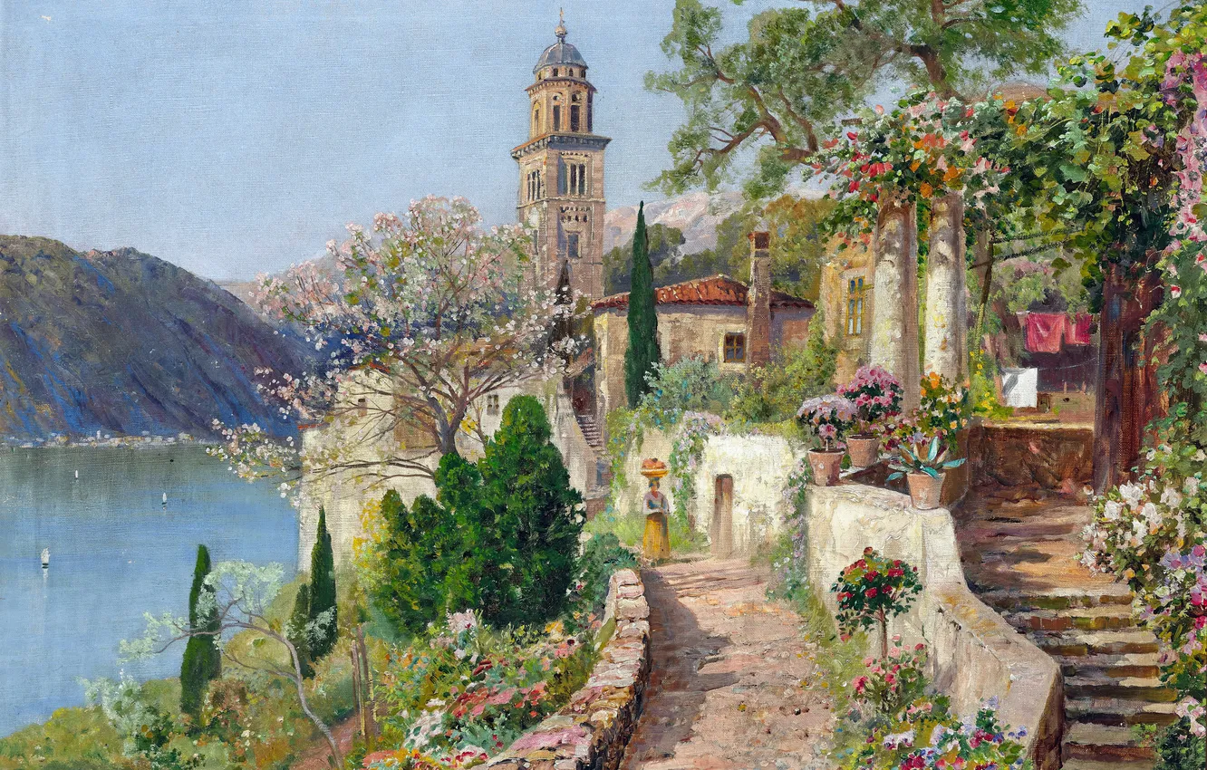 Photo wallpaper trees, flowers, mountains, coast, home, picture, Alois Arnegger, Austrian painter