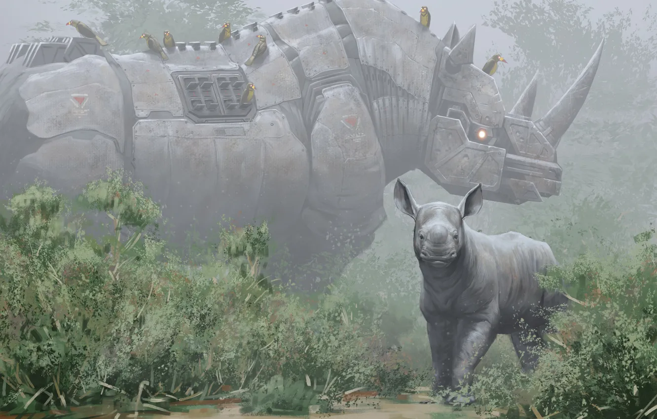 Photo wallpaper nature, metal, animal, bird, robot, art, cub, Rhino