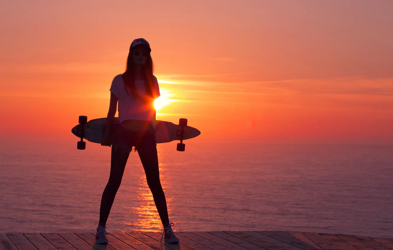 Photo wallpaper look, girl, sunset, pose, skateboard, Kupka