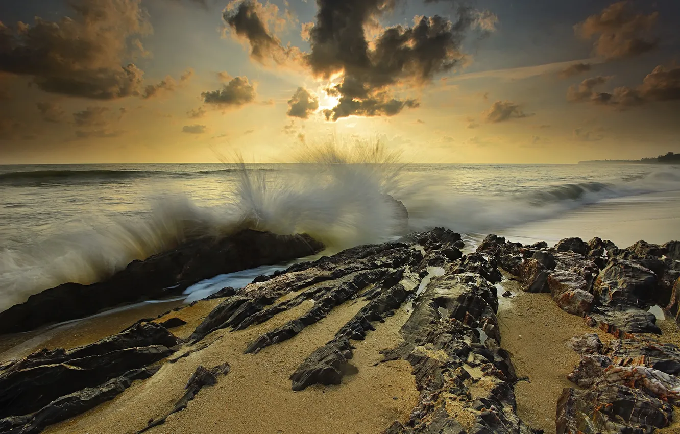 Photo wallpaper sea, the sky, clouds, sunset, squirt, stones, rocks