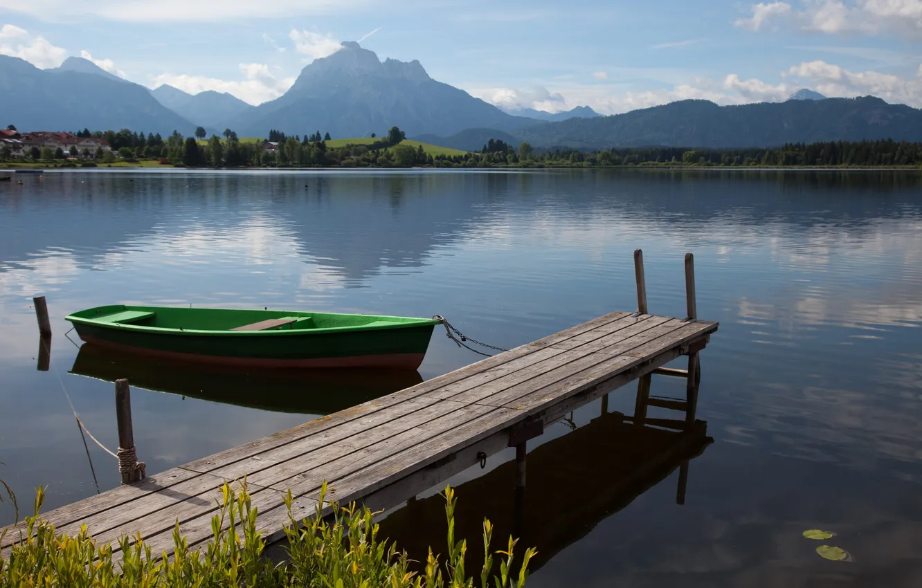 Photo wallpaper mountains, lake, boat, home, horizon, the bridge