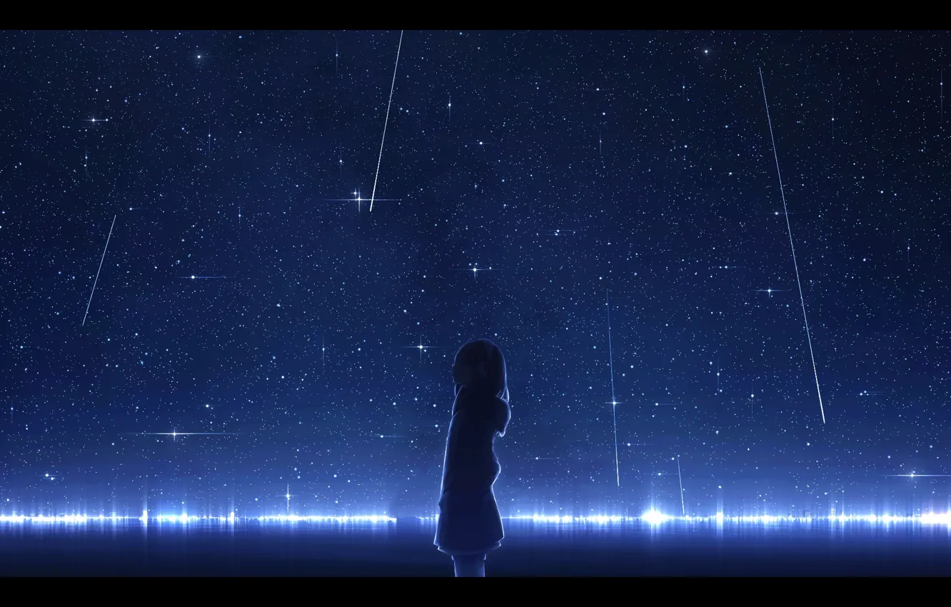 Photo wallpaper water, girl, night, Starfall