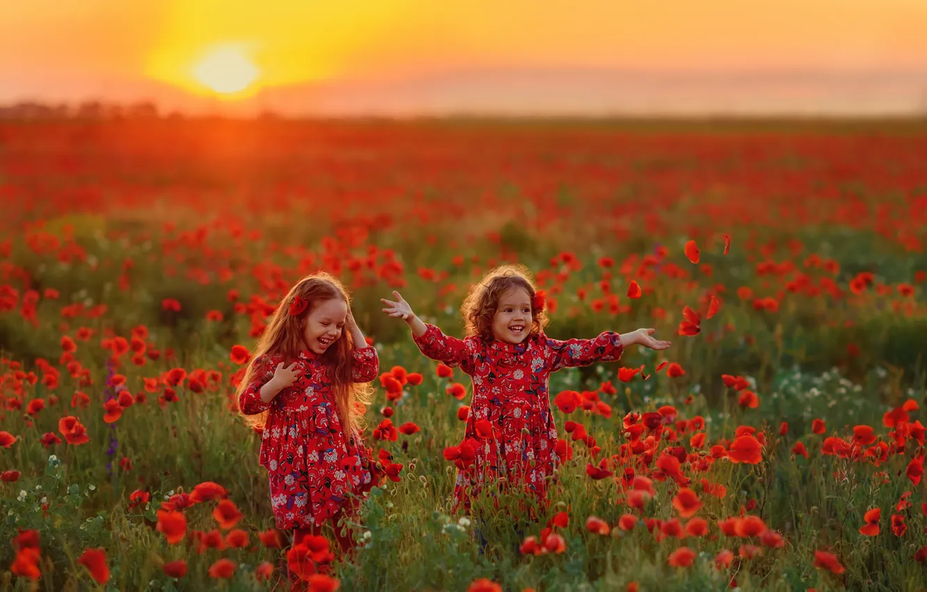 Photo wallpaper field, summer, joy, sunset, flowers, nature, children, Maki
