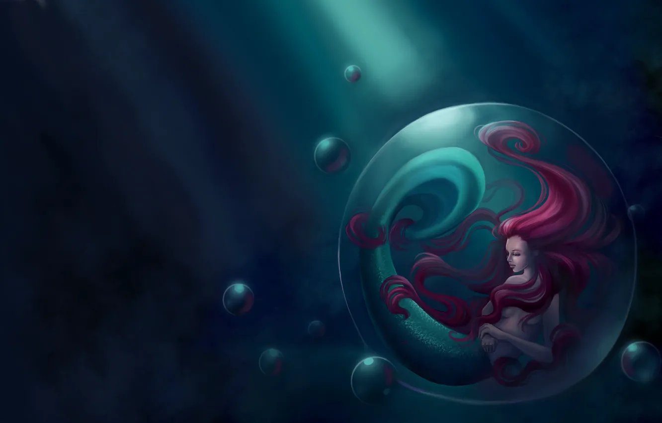Photo wallpaper sea, fiction, mermaid, art, tail, bubble, fin, red hair