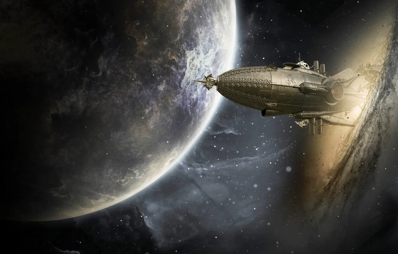 Photo wallpaper space, stars, flight, night, fiction, ship, planet, galaxy