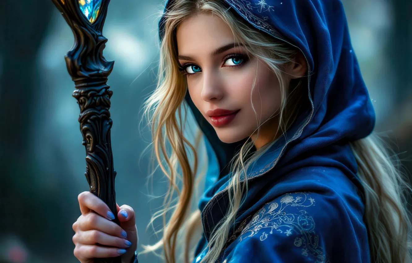 Photo wallpaper look, girl, magic, portrait, fairy, fantasy, blonde, staff