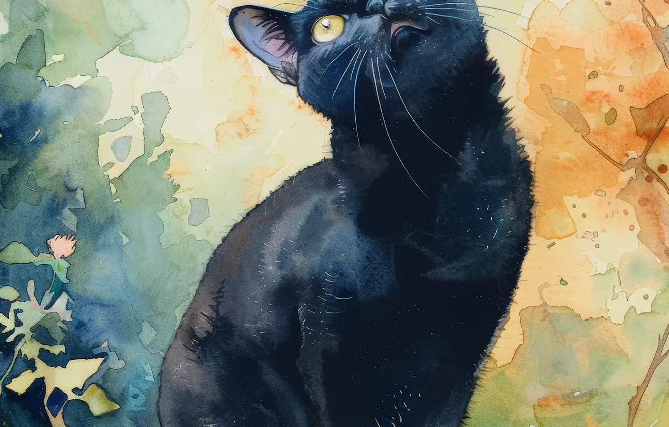 Photo wallpaper Look, Cat, Black, Cat, Art, Digital art, AI art, The Art of Artificial Intelligence