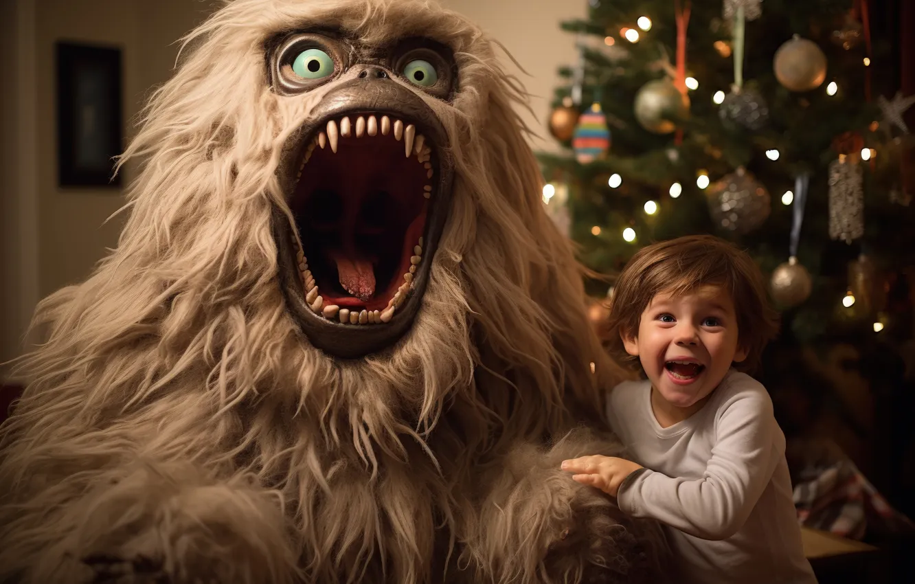 Photo wallpaper joy, smile, tree, new year, monster, boy, Christmas, digital art
