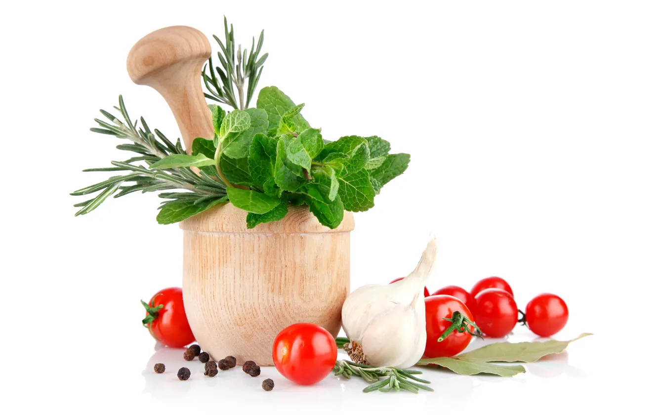 Photo wallpaper greens, white background, vegetables, garlic, tomatoes