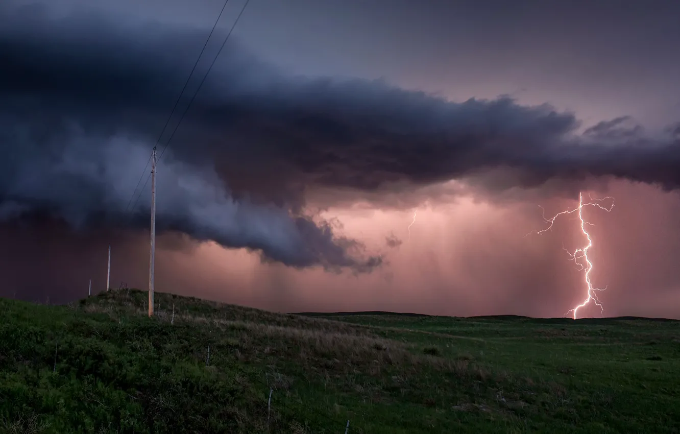Photo wallpaper field, clouds, lightning