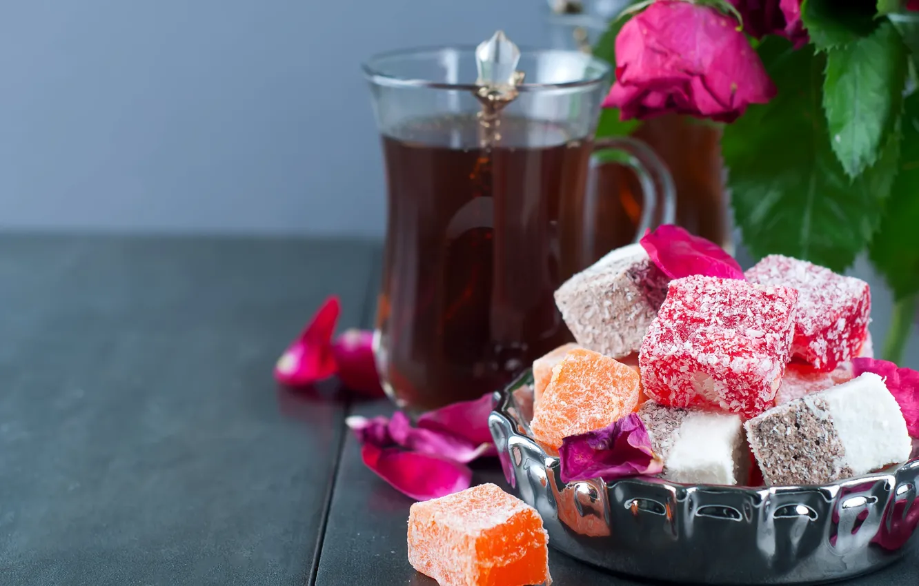 Photo wallpaper flowers, tea, sweets, Turkish delight