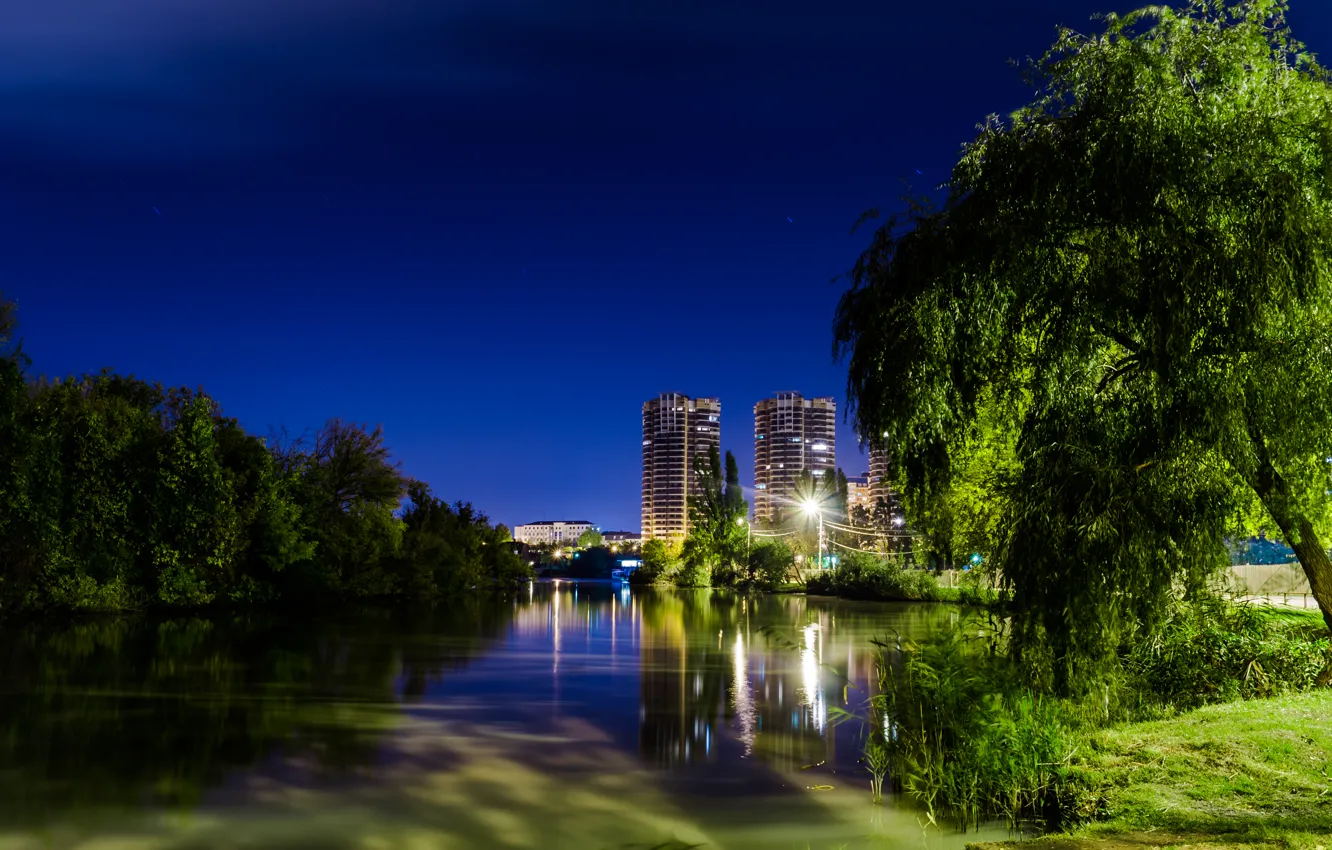 Photo wallpaper the sky, night, the city, Park, river, tree, the evening