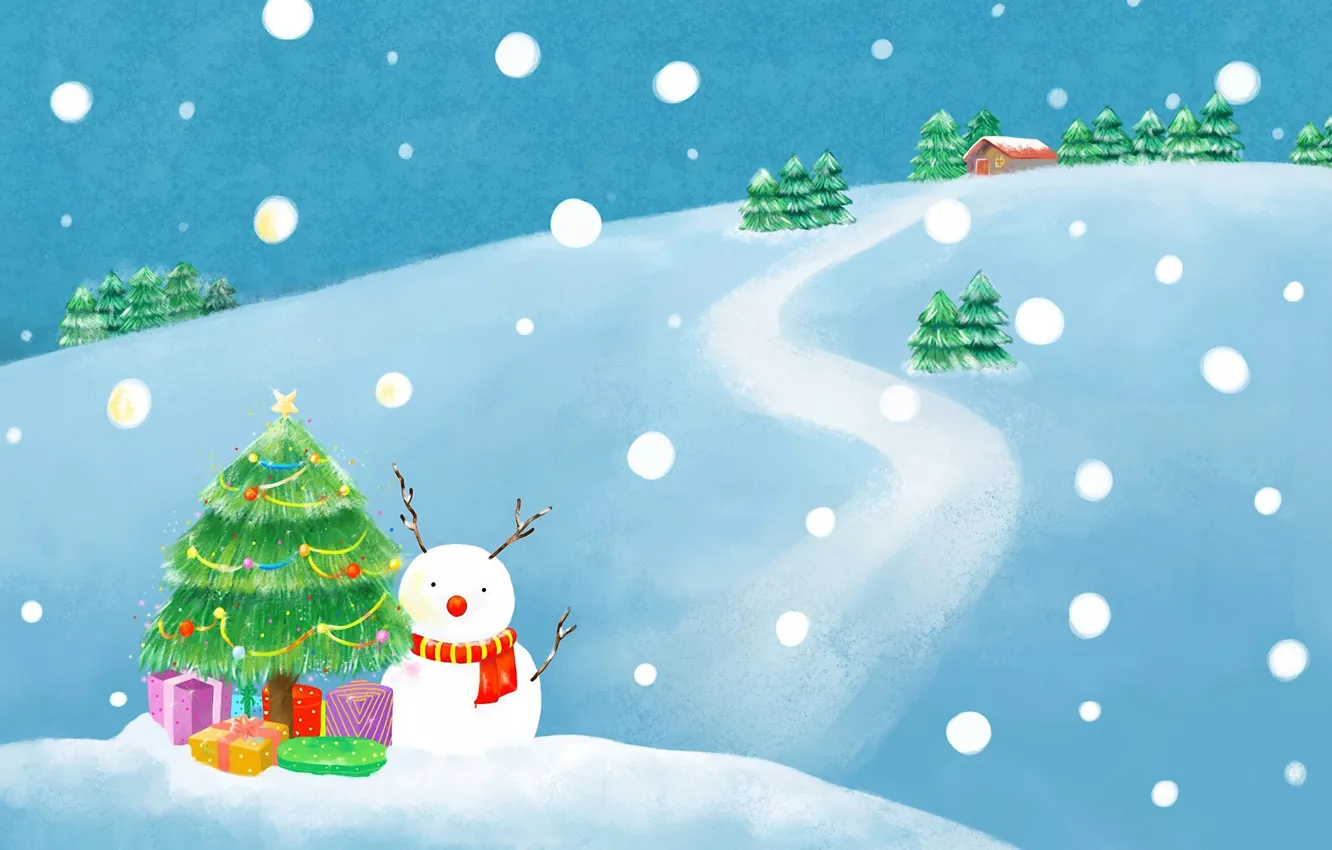 Photo wallpaper winter, road, snow, house, holiday, figure, tree, new year