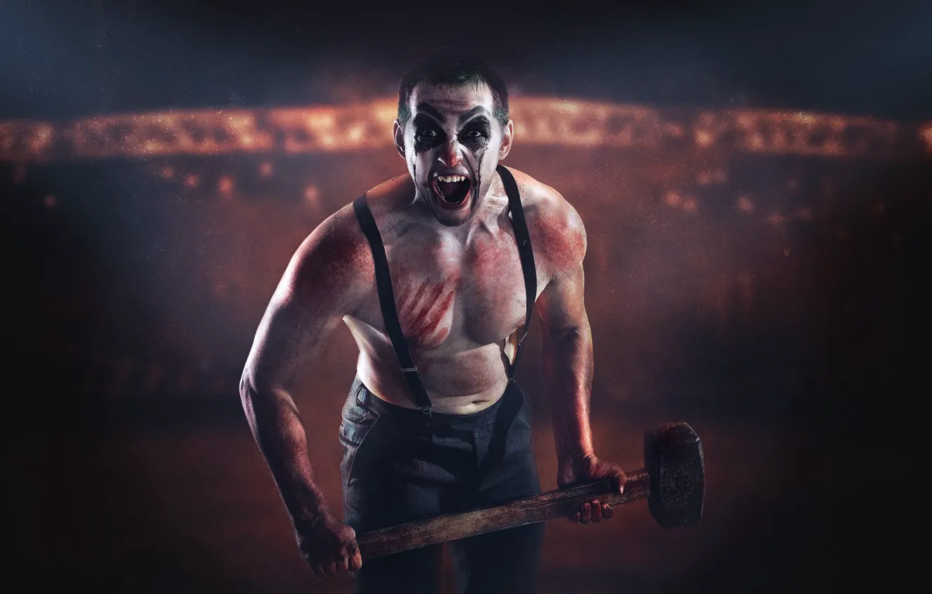 Photo wallpaper pose, laughter, clown, makeup, sledgehammer, braces, Sergey Stepanov