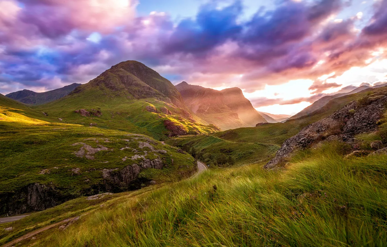 Photo wallpaper road, summer, the sky, clouds, mountains, valley, Scotland, August