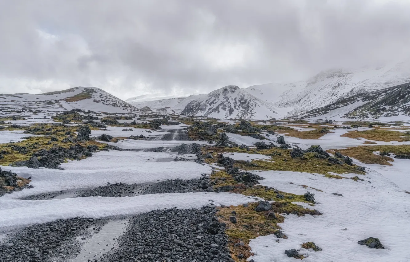 Photo wallpaper winter, clouds, mountain road, Sega, Shvartsman Evgeny