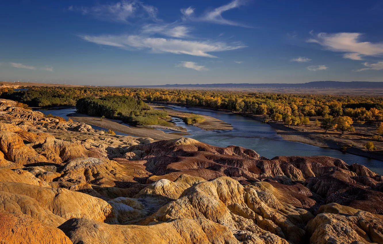 Photo wallpaper autumn, trees, river, rocks, panorama