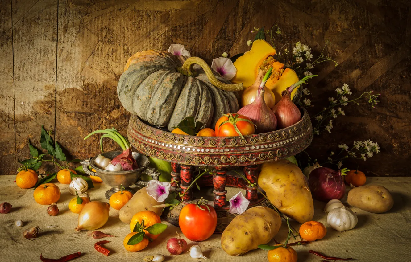 Photo wallpaper flowers, harvest, pumpkin, fruit, still life, vegetables, autumn, still life