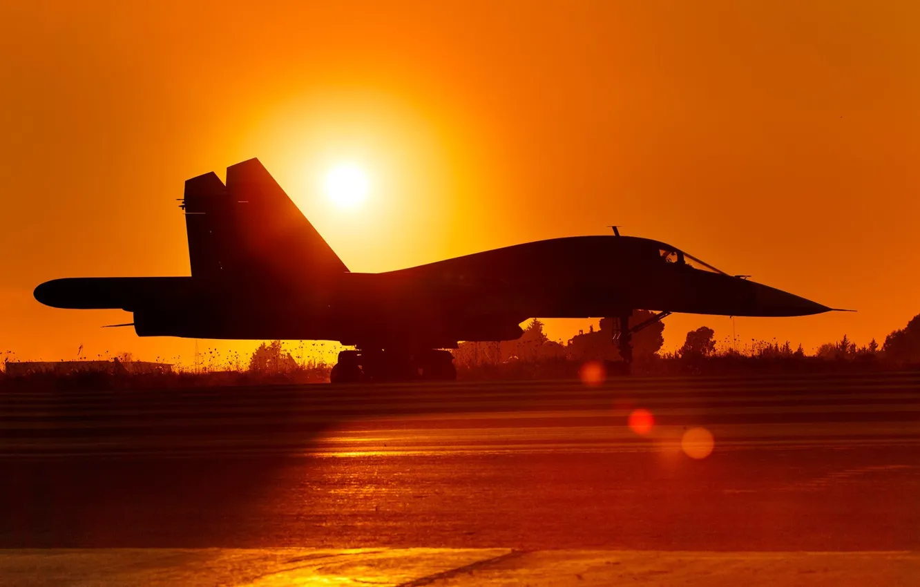 Photo wallpaper the sun, sunset, background, the evening, Russia, bomber, the plane, the airfield