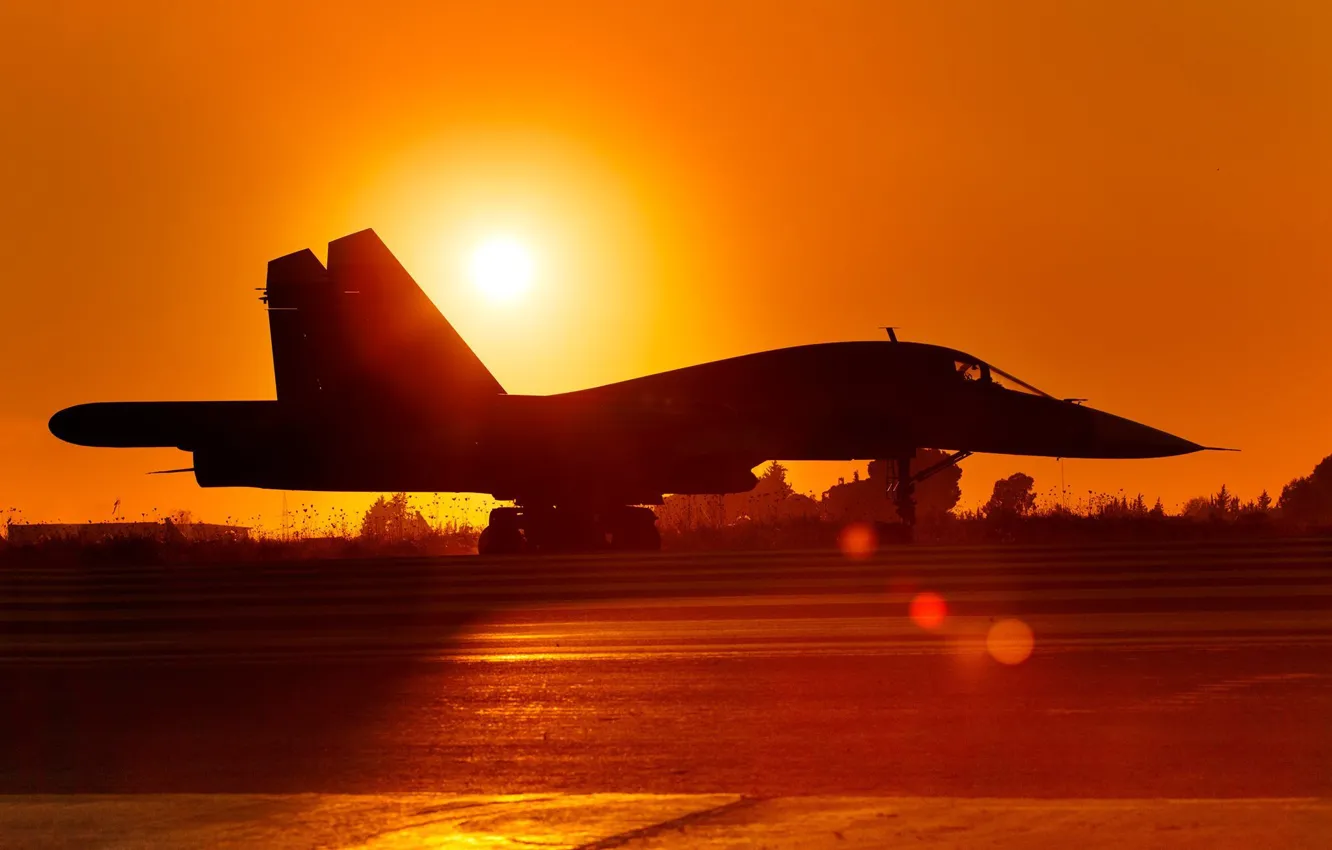 Photo wallpaper the sun, sunset, the plane, background, the evening, Russia, bomber, the airfield