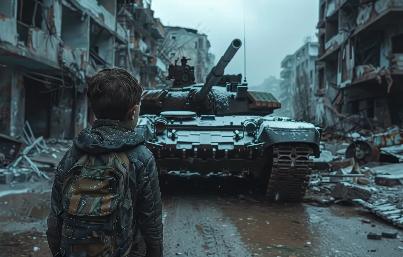 Photo wallpaper building, home, boy, tank, devastation, digital art, AI art, The Art of Artificial Intelligence