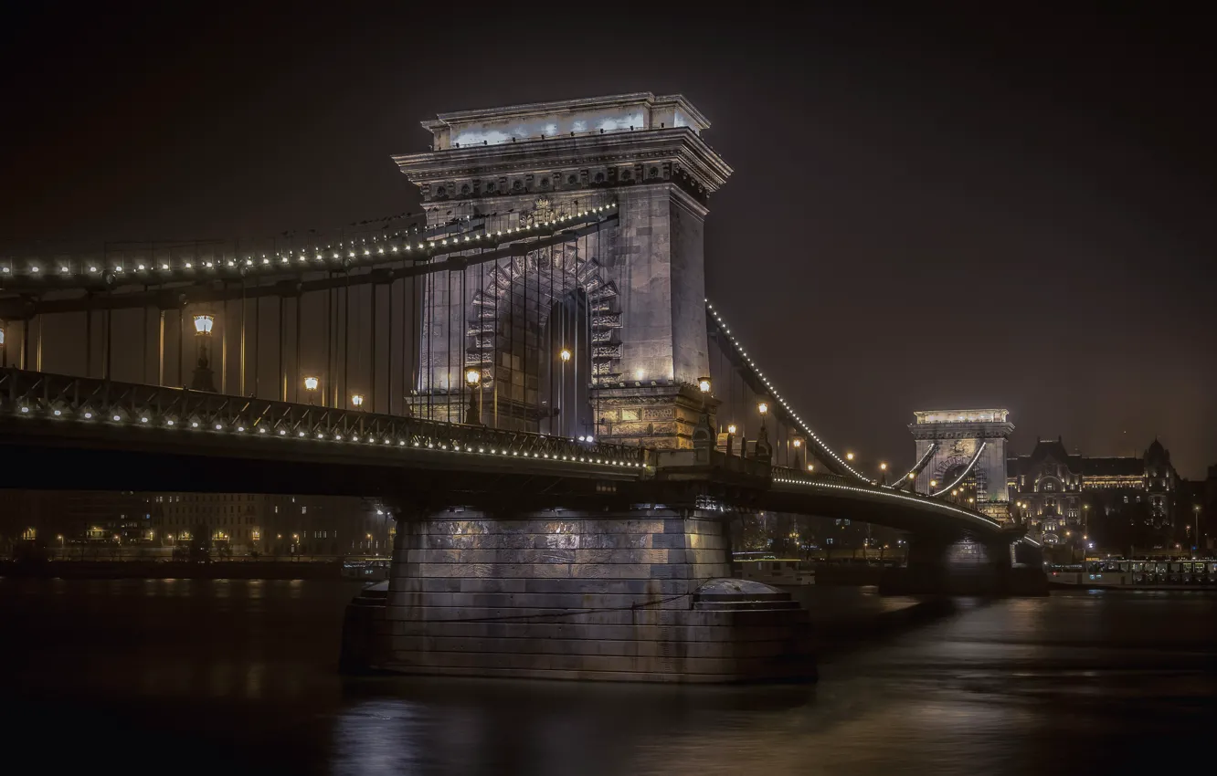Photo wallpaper night, lights, river, Hungary, Budapest, The Danube, Chain bridge