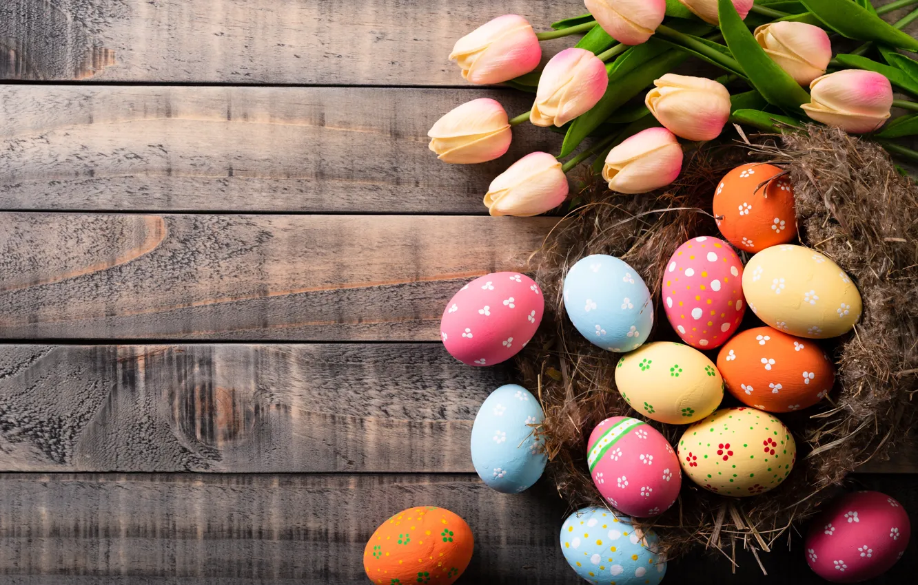 Photo wallpaper flowers, eggs, spring, colorful, Easter, tulips, happy, wood