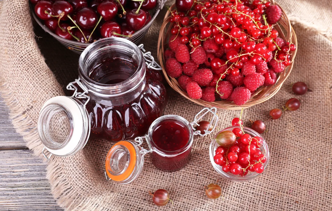Photo wallpaper berries, raspberry, currants, gooseberry, cherry, jam