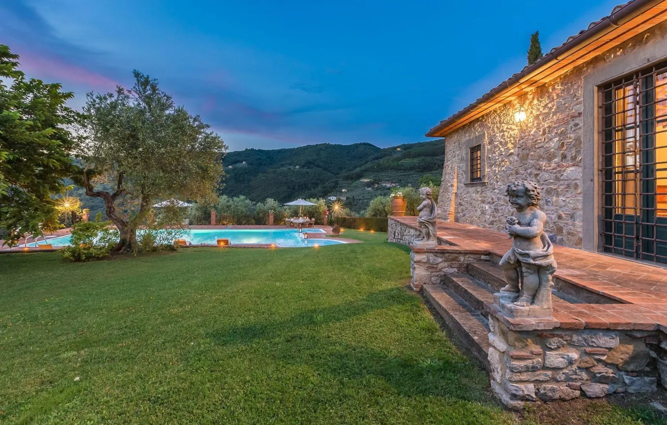 Photo wallpaper Villa, the evening, pool, lighting, Italy, architecture, Tuscany, Tuscany