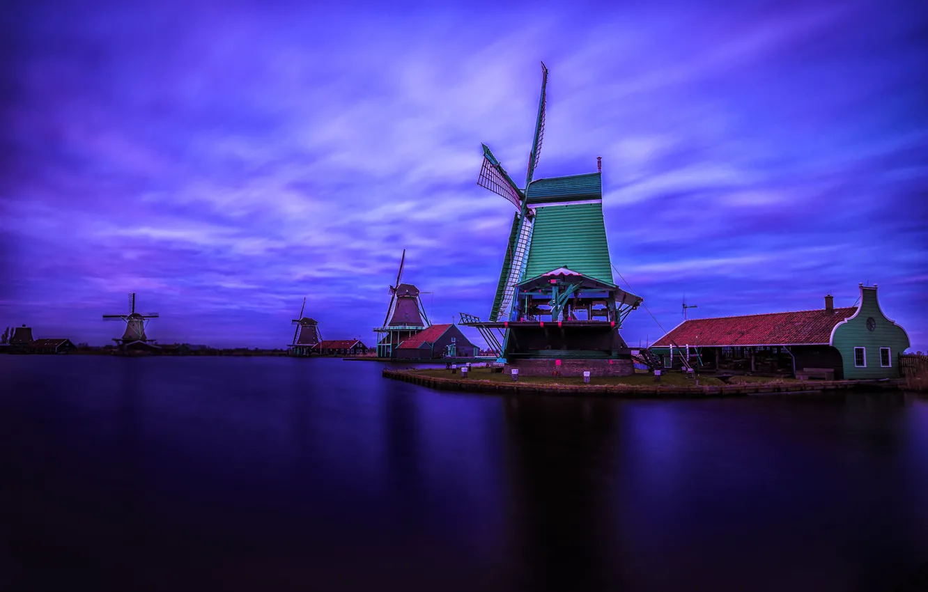 Photo wallpaper night, village, Netherlands, windmill, Zaanse Schans