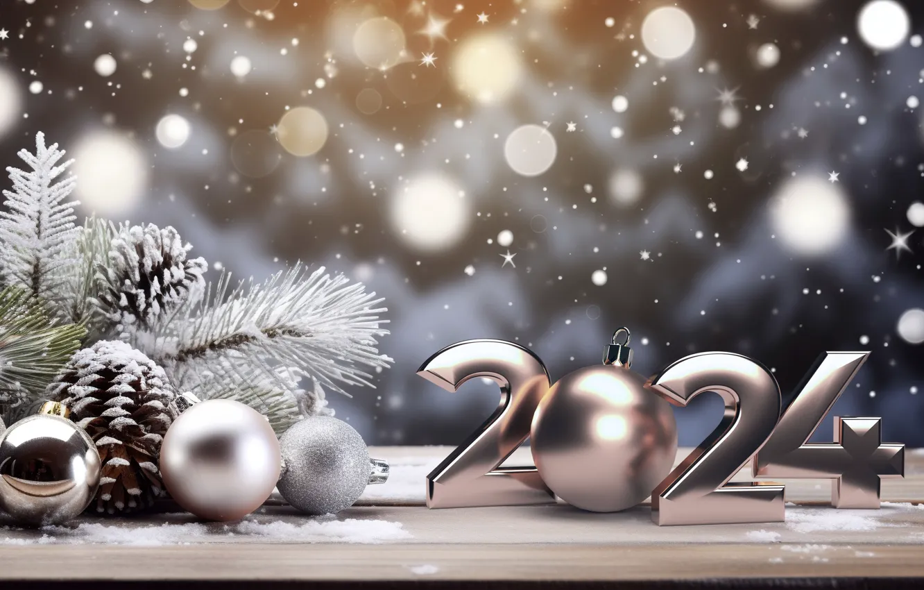 Photo wallpaper winter, snow, balls, New Year, Christmas, figures, silver, new year