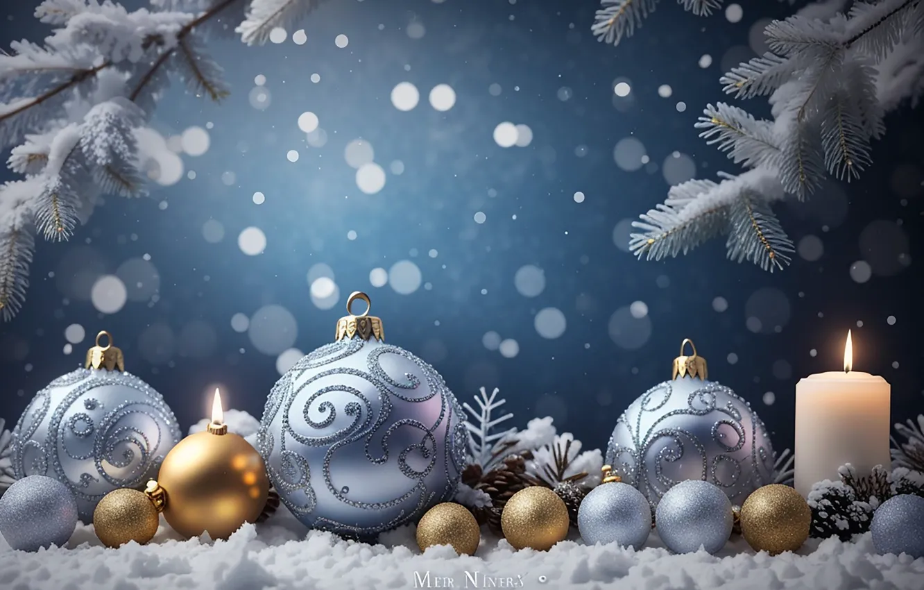 Photo wallpaper winter, snow, decoration, balls, tree, new year, Christmas, golden
