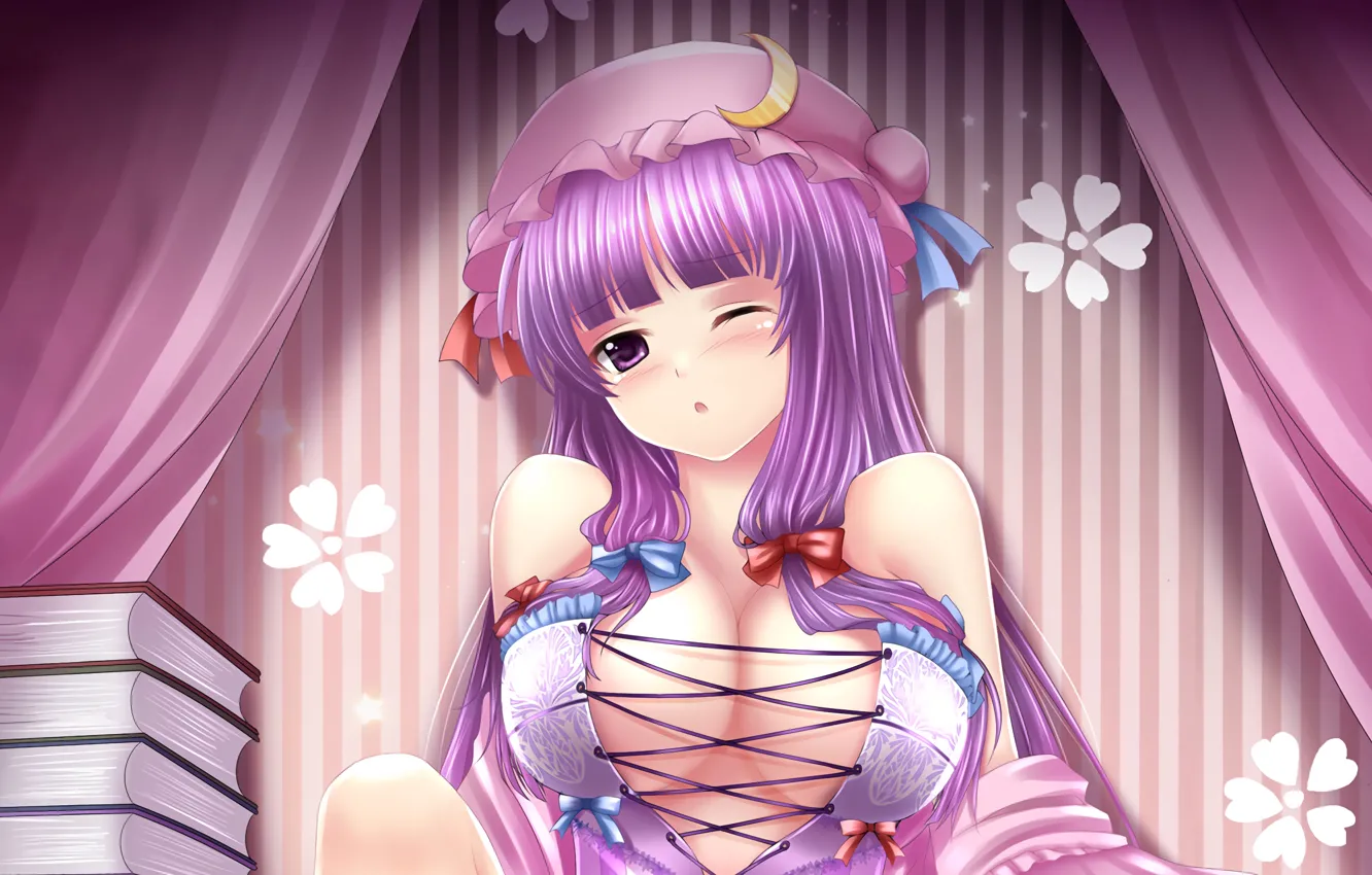 Photo wallpaper girl, sexy, cleavage, blouse, long hair, touhou, boobs, anime