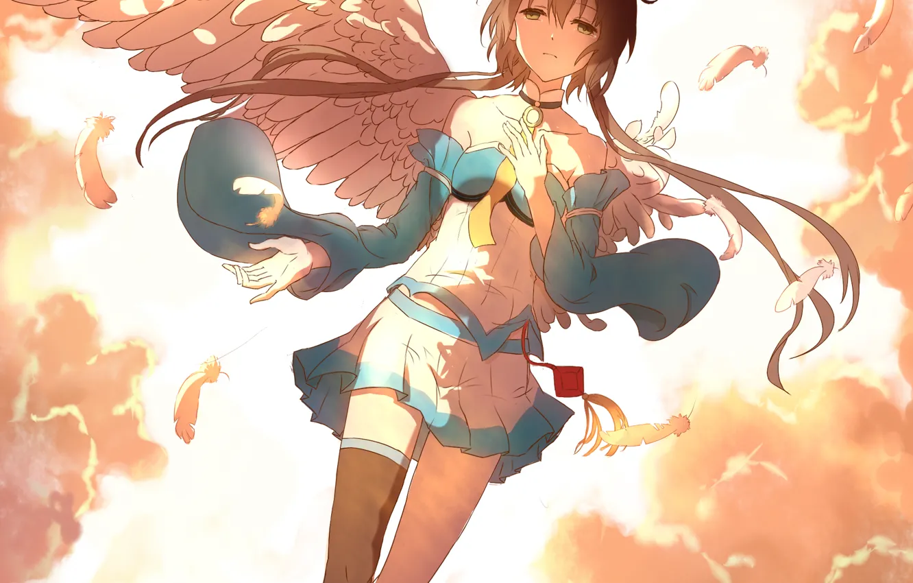 Photo wallpaper the sky, girl, clouds, wings, anime, feathers, art, vocaloid